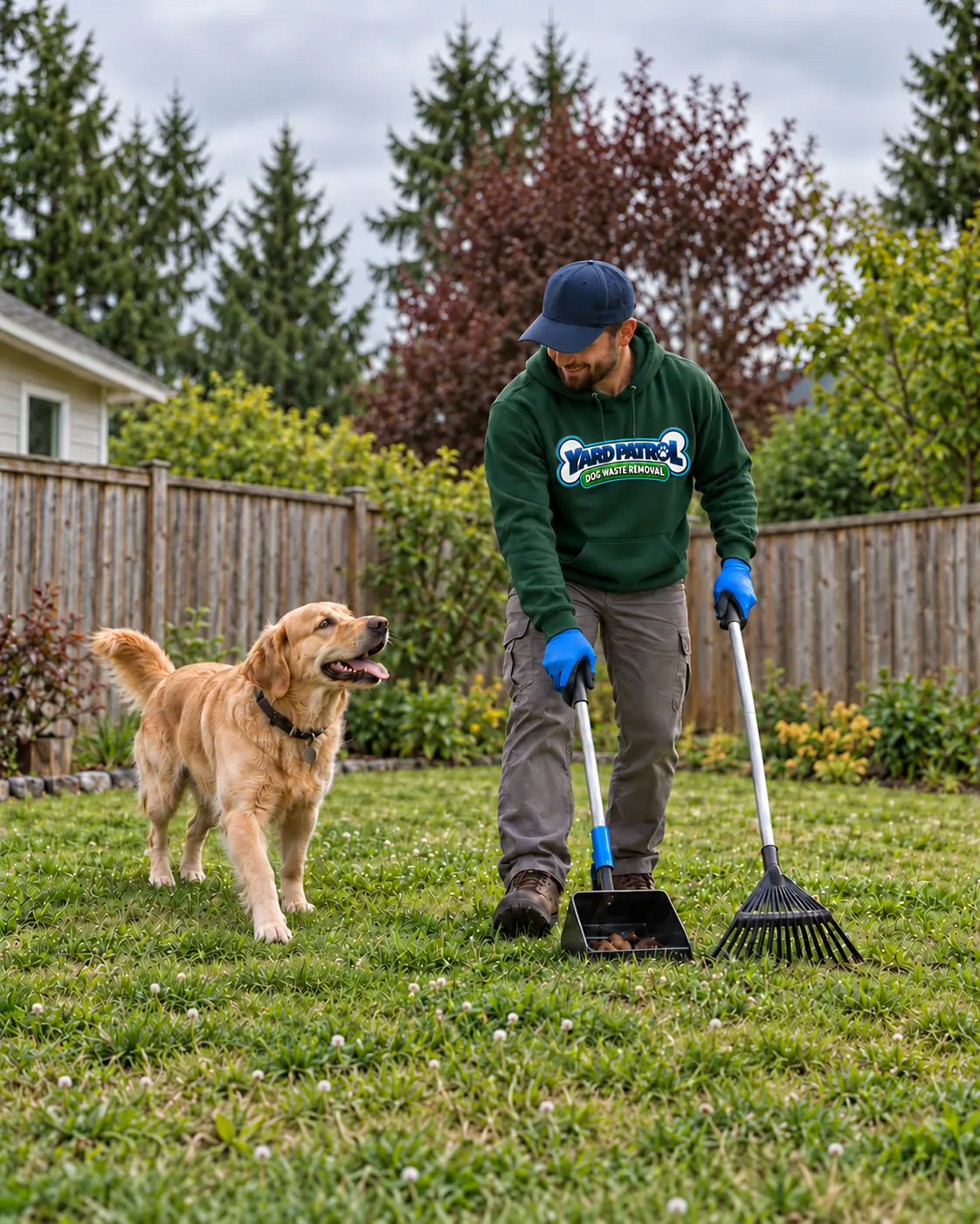 A Yard Patrol team member in a green Yard Patrol hoodie holding a scooper bin and rake while a golden retriever waits beside him in a fenced backyard