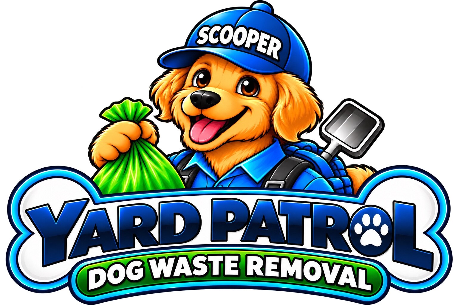 Yard Patrol Dog Waste Removal logo featuring Scooper the golden retriever mascot
